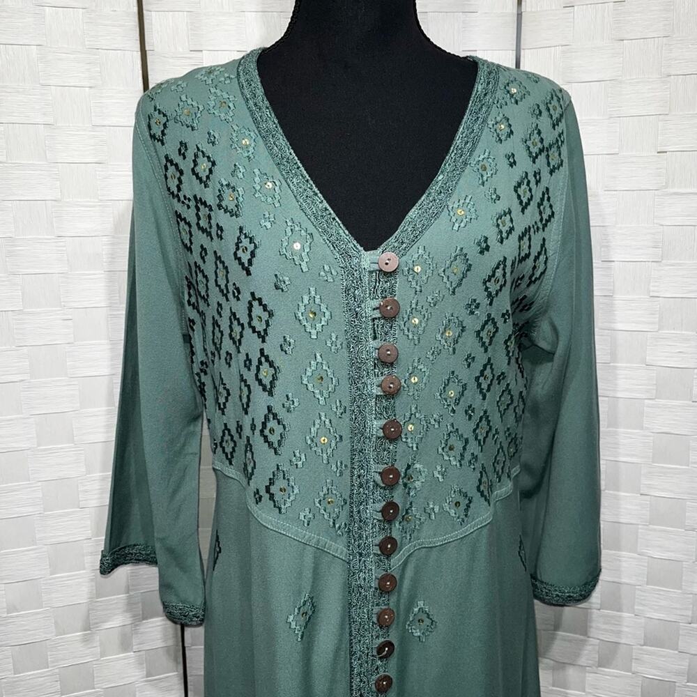 Soft Surroundings Womens Embroidered Sequin Kaftan Maxi Dress Size Small Green - Picture 11 of 11